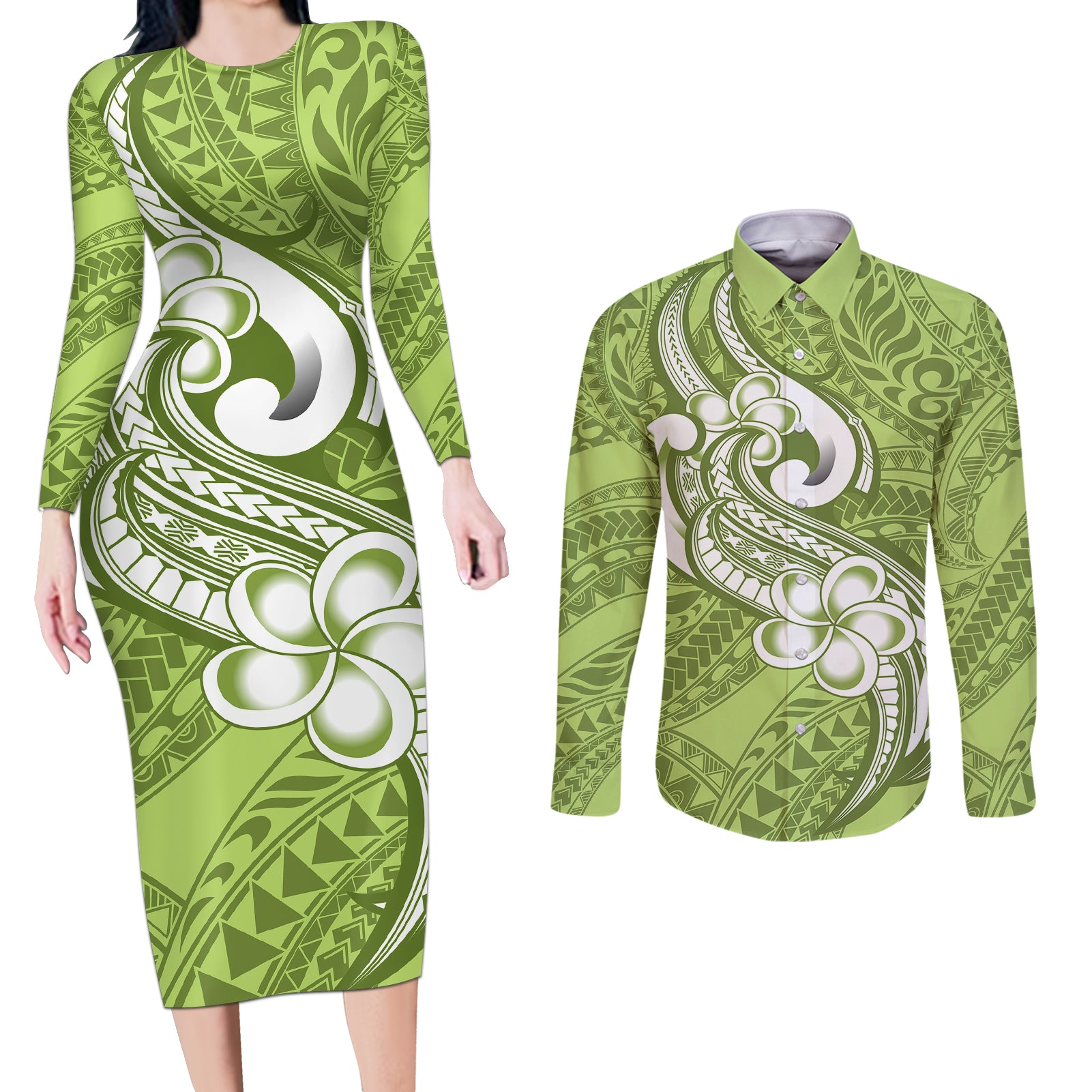 Polynesia Couples Matching Long Sleeve Bodycon Dress and Long Sleeve Button Shirts Plumeria With Tribal Pattern Green Pastel Vibes - Wonder Print Shop