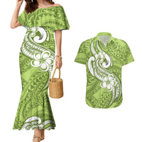 Polynesia Couples Matching Mermaid Dress and Hawaiian Shirt Plumeria With Tribal Pattern Green Pastel Vibes - Wonder Print Shop