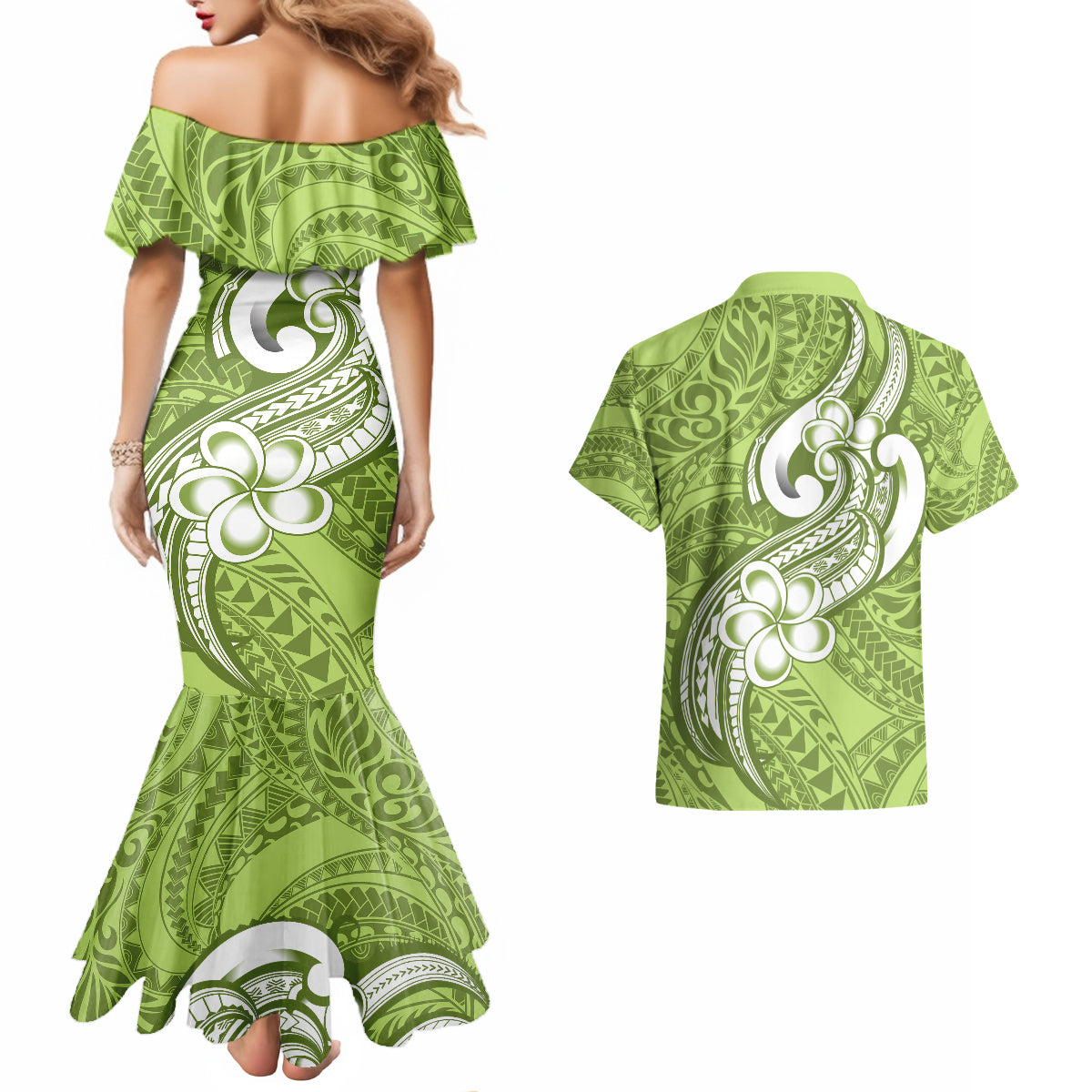 Polynesia Couples Matching Mermaid Dress and Hawaiian Shirt Plumeria With Tribal Pattern Green Pastel Vibes - Wonder Print Shop