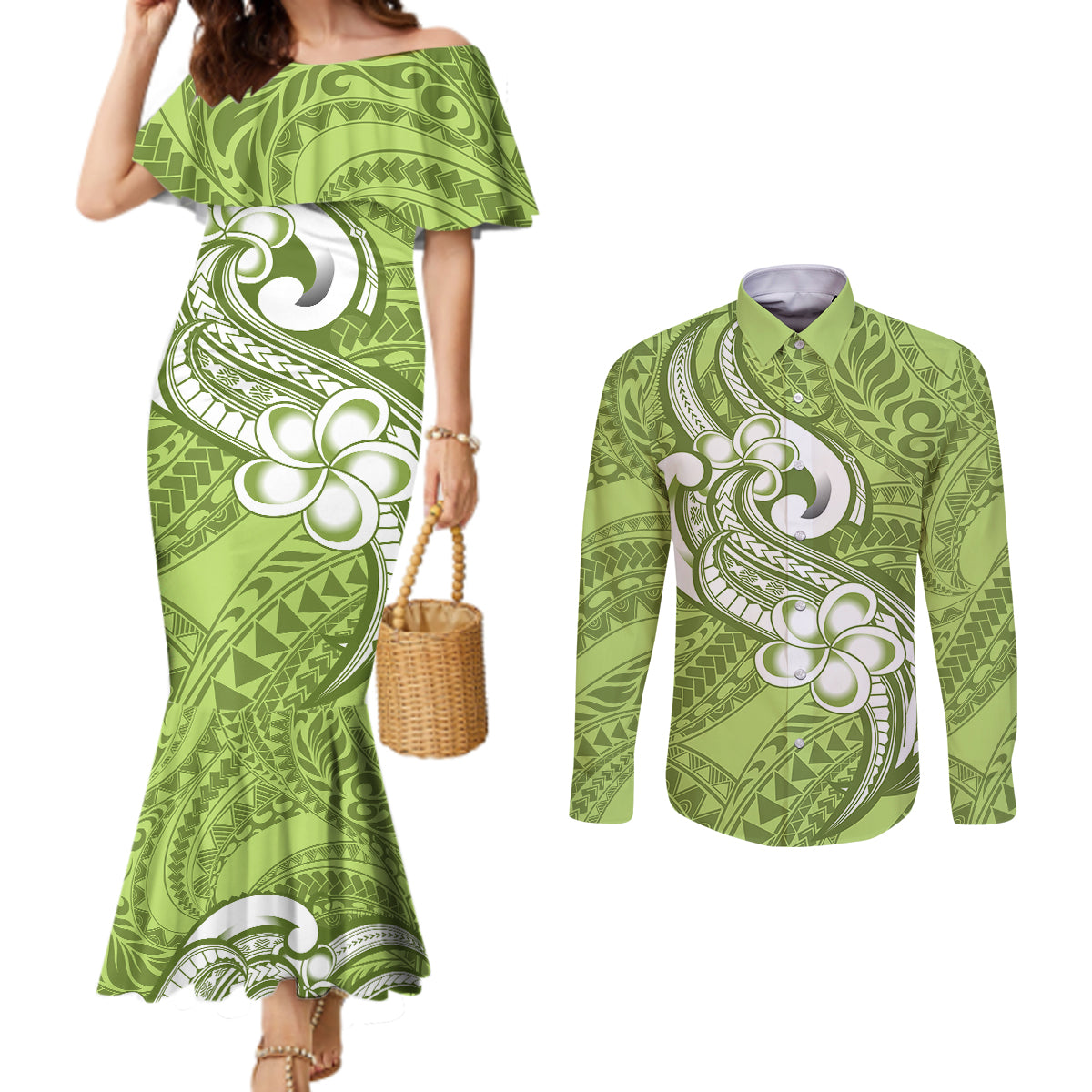 polynesia-couples-matching-mermaid-dress-and-long-sleeve-button-shirts-plumeria-with-tribal-pattern-green-pastel-vibes
