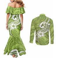 polynesia-couples-matching-mermaid-dress-and-long-sleeve-button-shirts-plumeria-with-tribal-pattern-green-pastel-vibes