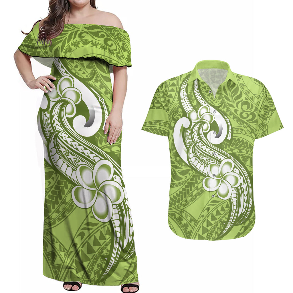 Polynesia Couples Matching Off Shoulder Maxi Dress and Hawaiian Shirt Plumeria With Tribal Pattern Green Pastel Vibes - Wonder Print Shop