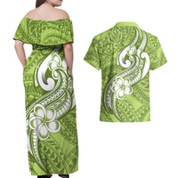 Polynesia Couples Matching Off Shoulder Maxi Dress and Hawaiian Shirt Plumeria With Tribal Pattern Green Pastel Vibes - Wonder Print Shop