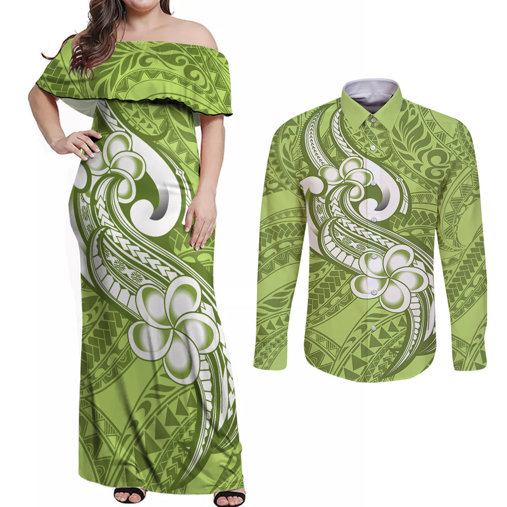 Polynesia Couples Matching Off Shoulder Maxi Dress and Long Sleeve Button Shirts Plumeria With Tribal Pattern Green Pastel Vibes - Wonder Print Shop