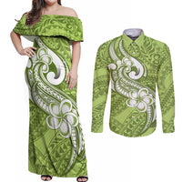 Polynesia Couples Matching Off Shoulder Maxi Dress and Long Sleeve Button Shirts Plumeria With Tribal Pattern Green Pastel Vibes - Wonder Print Shop