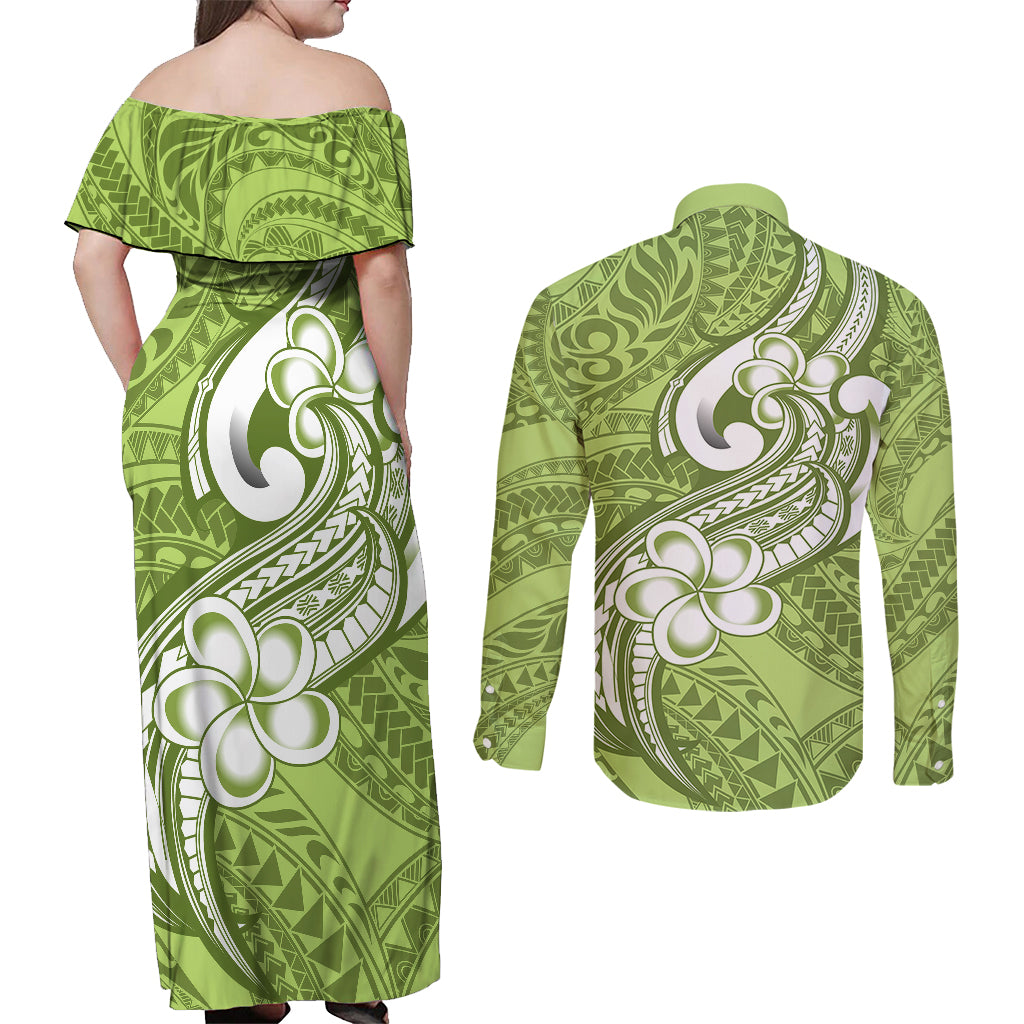 Polynesia Couples Matching Off Shoulder Maxi Dress and Long Sleeve Button Shirts Plumeria With Tribal Pattern Green Pastel Vibes - Wonder Print Shop