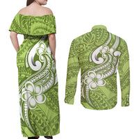 Polynesia Couples Matching Off Shoulder Maxi Dress and Long Sleeve Button Shirts Plumeria With Tribal Pattern Green Pastel Vibes - Wonder Print Shop