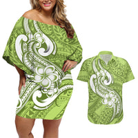 Polynesia Couples Matching Off Shoulder Short Dress and Hawaiian Shirt Plumeria With Tribal Pattern Green Pastel Vibes - Wonder Print Shop