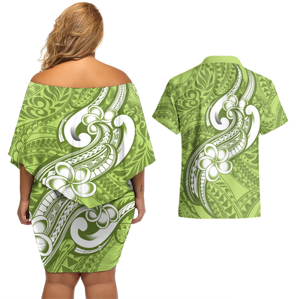 Polynesia Couples Matching Off Shoulder Short Dress and Hawaiian Shirt Plumeria With Tribal Pattern Green Pastel Vibes - Wonder Print Shop