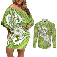 Polynesia Couples Matching Off Shoulder Short Dress and Long Sleeve Button Shirts Plumeria With Tribal Pattern Green Pastel Vibes - Wonder Print Shop