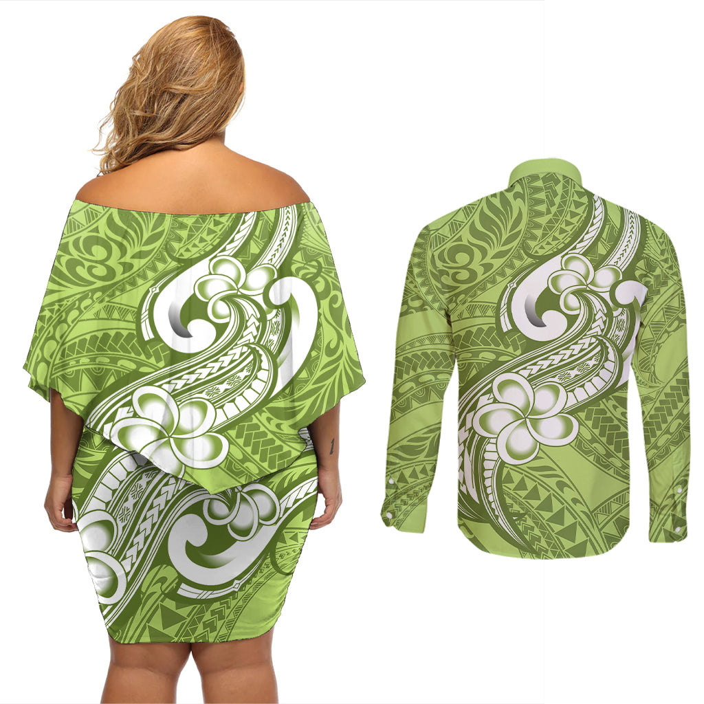 Polynesia Couples Matching Off Shoulder Short Dress and Long Sleeve Button Shirts Plumeria With Tribal Pattern Green Pastel Vibes - Wonder Print Shop