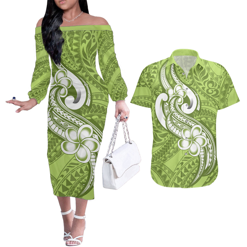 Polynesia Couples Matching Off The Shoulder Long Sleeve Dress and Hawaiian Shirt Plumeria With Tribal Pattern Green Pastel Vibes - Wonder Print Shop