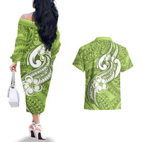 Polynesia Couples Matching Off The Shoulder Long Sleeve Dress and Hawaiian Shirt Plumeria With Tribal Pattern Green Pastel Vibes - Wonder Print Shop