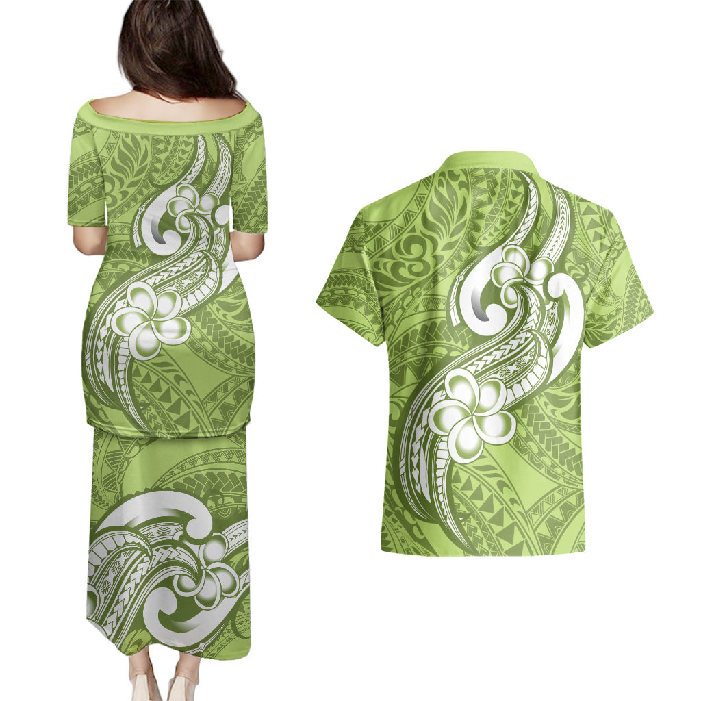 Polynesia Couples Matching Puletasi Dress and Hawaiian Shirt Plumeria With Tribal Pattern Green Pastel Vibes - Wonder Print Shop