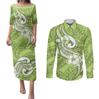 Polynesia Couples Matching Puletasi Dress and Long Sleeve Button Shirts Plumeria With Tribal Pattern Green Pastel Vibes - Wonder Print Shop