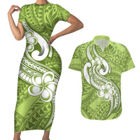 Polynesia Couples Matching Short Sleeve Bodycon Dress and Hawaiian Shirt Plumeria With Tribal Pattern Green Pastel Vibes - Wonder Print Shop