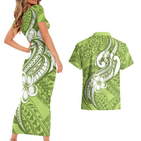 Polynesia Couples Matching Short Sleeve Bodycon Dress and Hawaiian Shirt Plumeria With Tribal Pattern Green Pastel Vibes - Wonder Print Shop