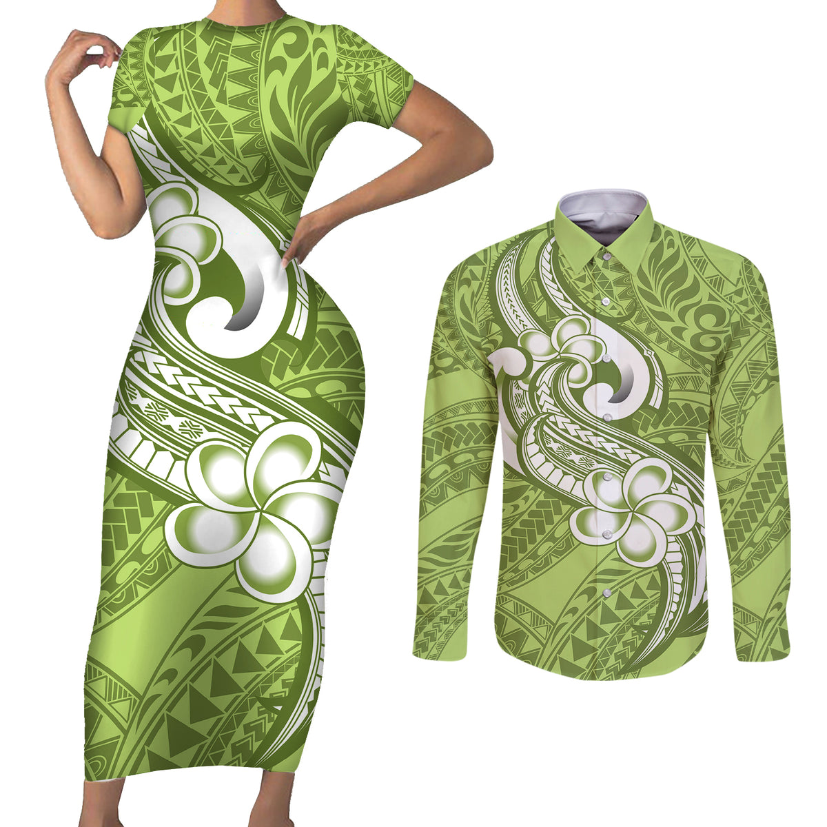 Polynesia Couples Matching Short Sleeve Bodycon Dress and Long Sleeve Button Shirts Plumeria With Tribal Pattern Green Pastel Vibes - Wonder Print Shop