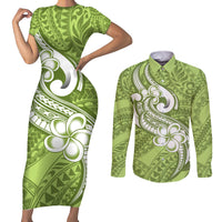 Polynesia Couples Matching Short Sleeve Bodycon Dress and Long Sleeve Button Shirts Plumeria With Tribal Pattern Green Pastel Vibes - Wonder Print Shop