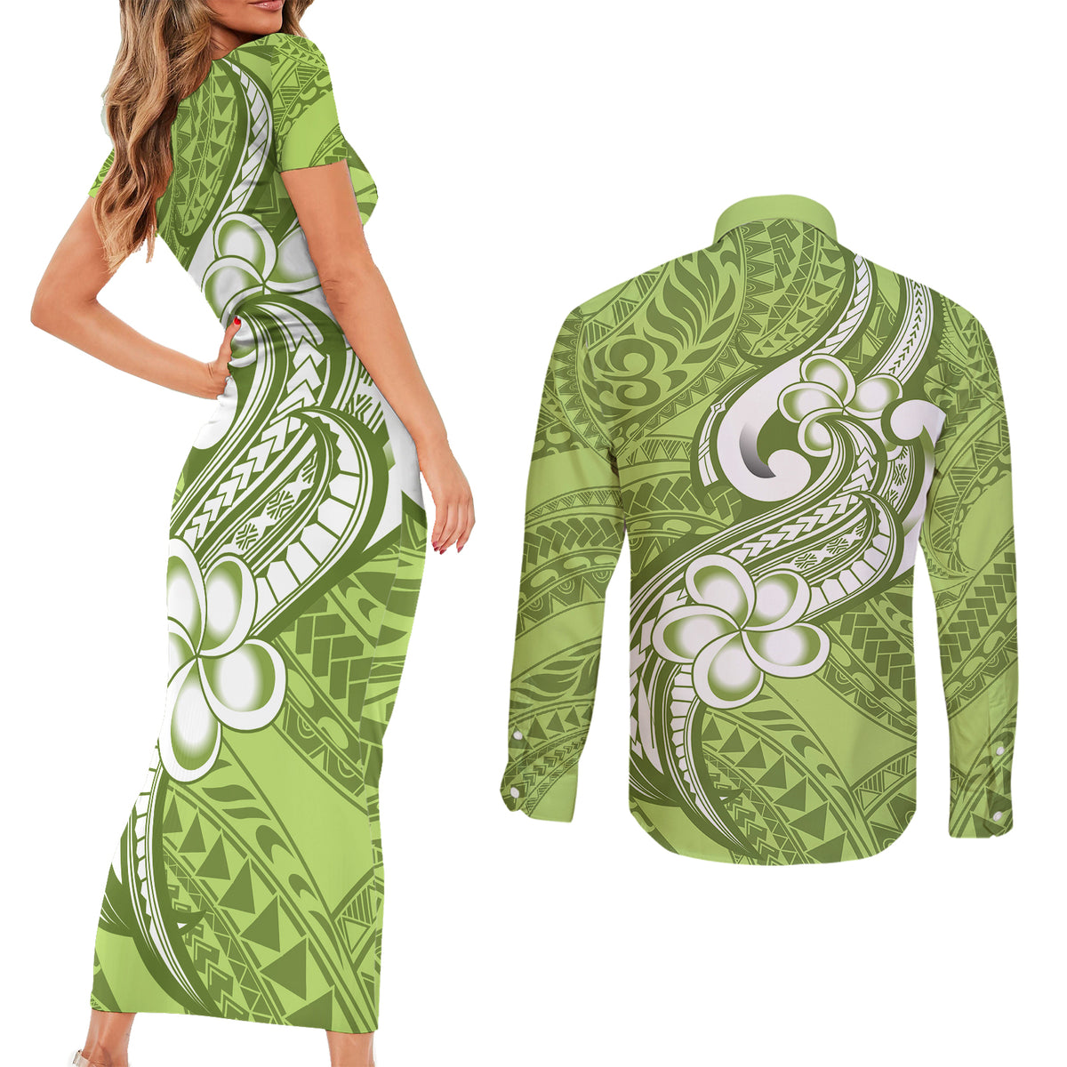 Polynesia Couples Matching Short Sleeve Bodycon Dress and Long Sleeve Button Shirts Plumeria With Tribal Pattern Green Pastel Vibes - Wonder Print Shop