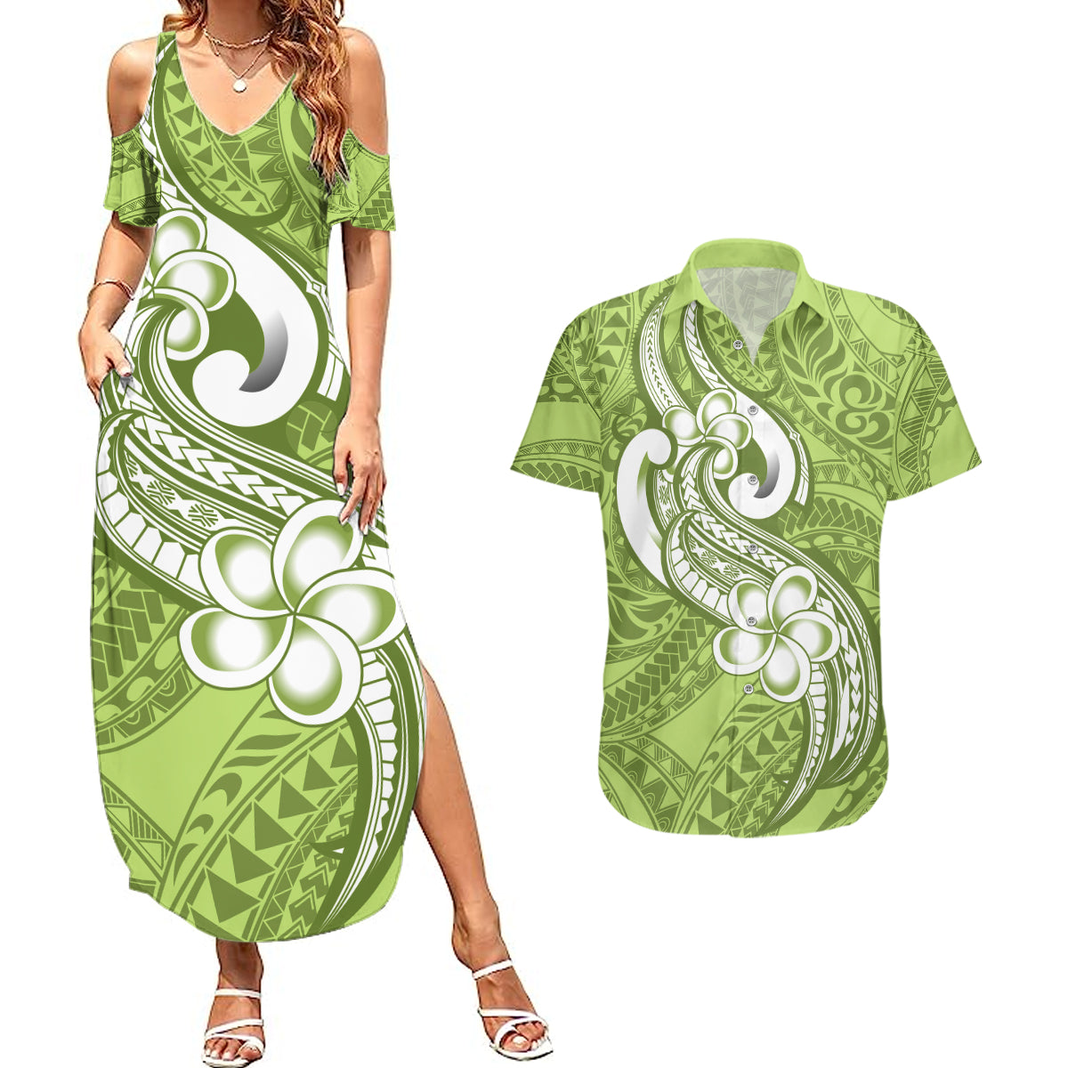 Polynesia Couples Matching Summer Maxi Dress and Hawaiian Shirt Plumeria With Tribal Pattern Green Pastel Vibes - Wonder Print Shop