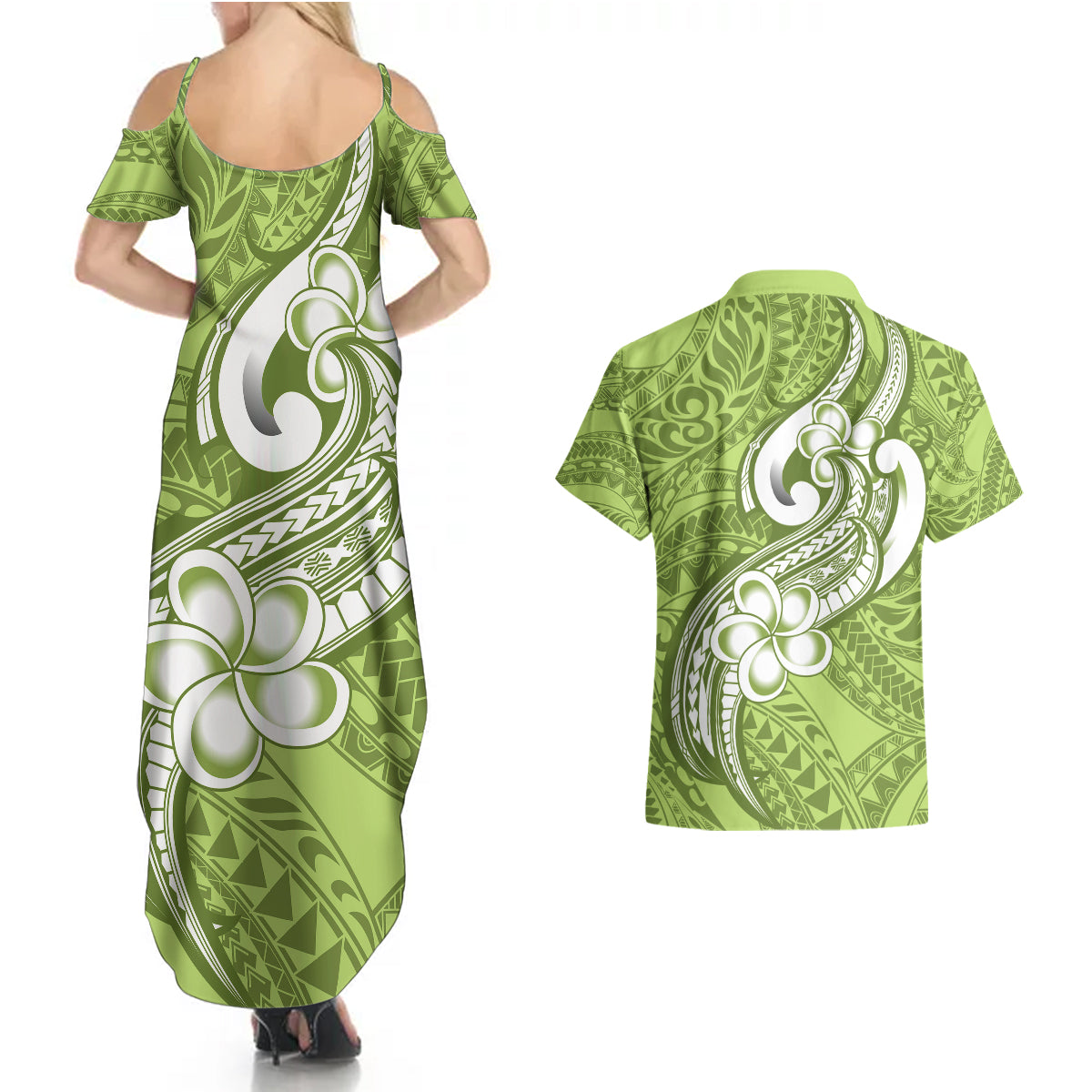Polynesia Couples Matching Summer Maxi Dress and Hawaiian Shirt Plumeria With Tribal Pattern Green Pastel Vibes - Wonder Print Shop