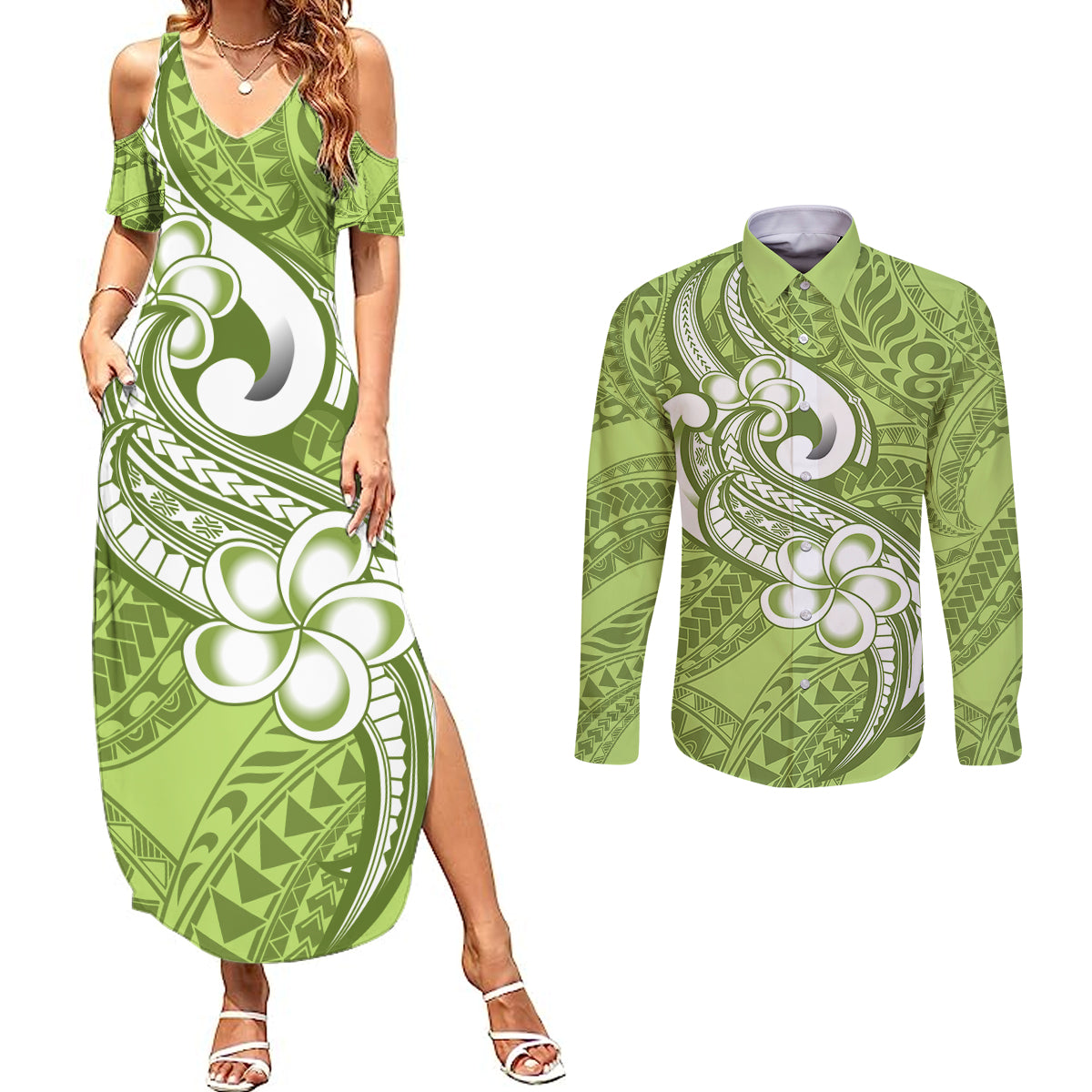 Polynesia Couples Matching Summer Maxi Dress and Long Sleeve Button Shirts Plumeria With Tribal Pattern Green Pastel Vibes - Wonder Print Shop