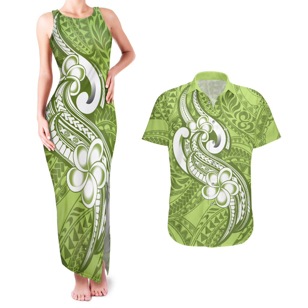 Polynesia Couples Matching Tank Maxi Dress and Hawaiian Shirt Plumeria With Tribal Pattern Green Pastel Vibes - Wonder Print Shop
