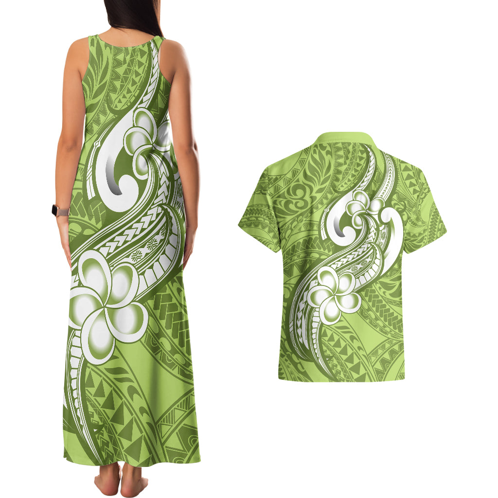 Polynesia Couples Matching Tank Maxi Dress and Hawaiian Shirt Plumeria With Tribal Pattern Green Pastel Vibes - Wonder Print Shop