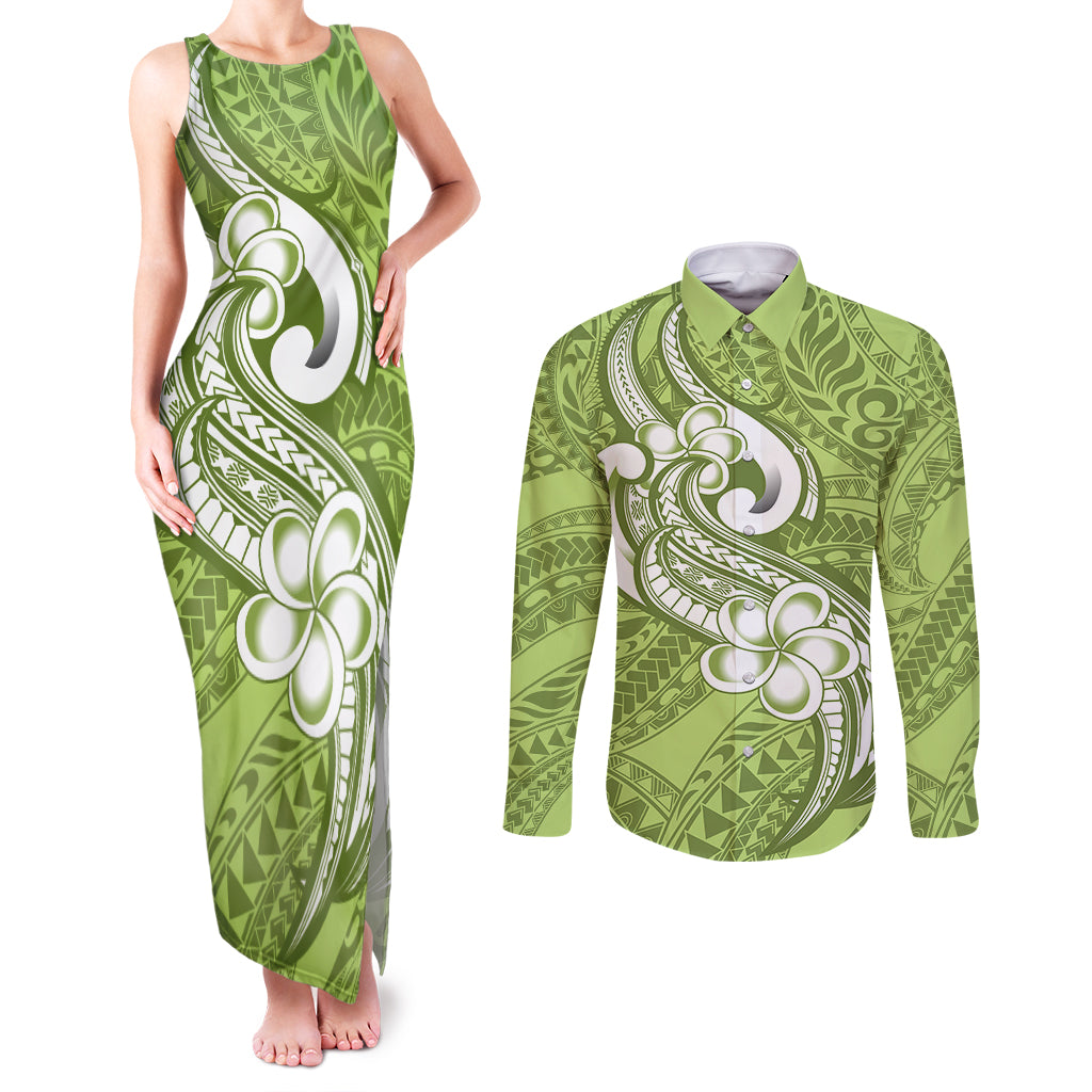 Polynesia Couples Matching Tank Maxi Dress and Long Sleeve Button Shirts Plumeria With Tribal Pattern Green Pastel Vibes - Wonder Print Shop