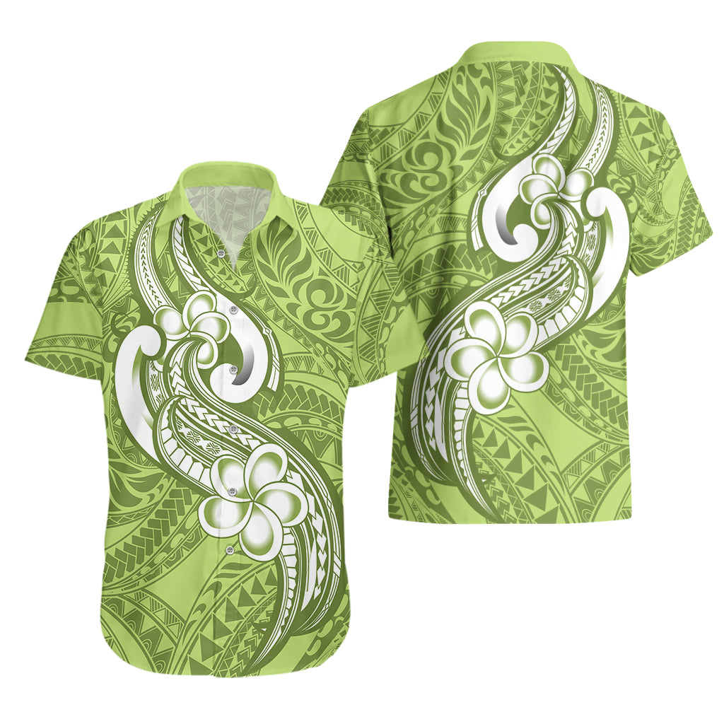 Polynesia Hawaiian Shirt Plumeria With Tribal Pattern Green Pastel Vibes - Wonder Print Shop