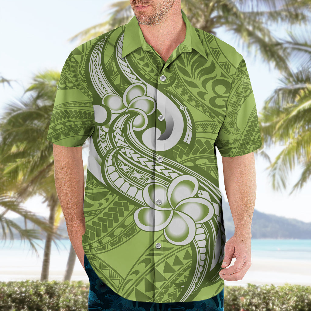 Polynesia Hawaiian Shirt Plumeria With Tribal Pattern Green Pastel Vibes - Wonder Print Shop