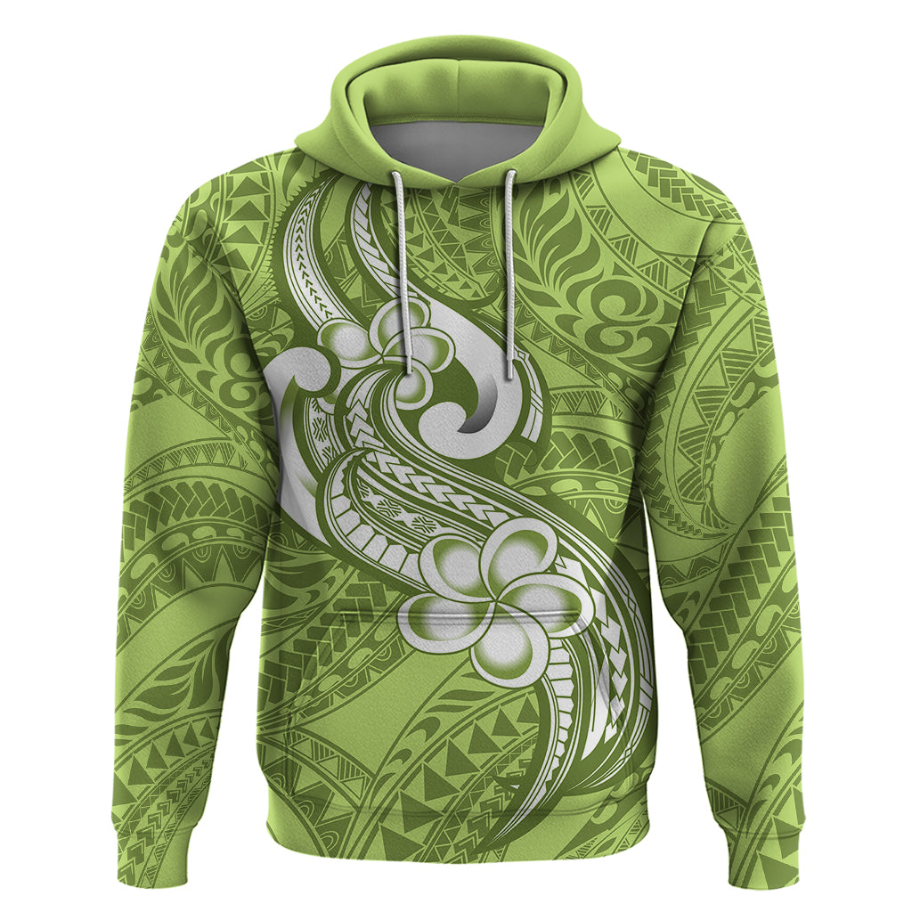 Polynesia Hoodie Plumeria With Tribal Pattern Green Pastel Vibes - Wonder Print Shop