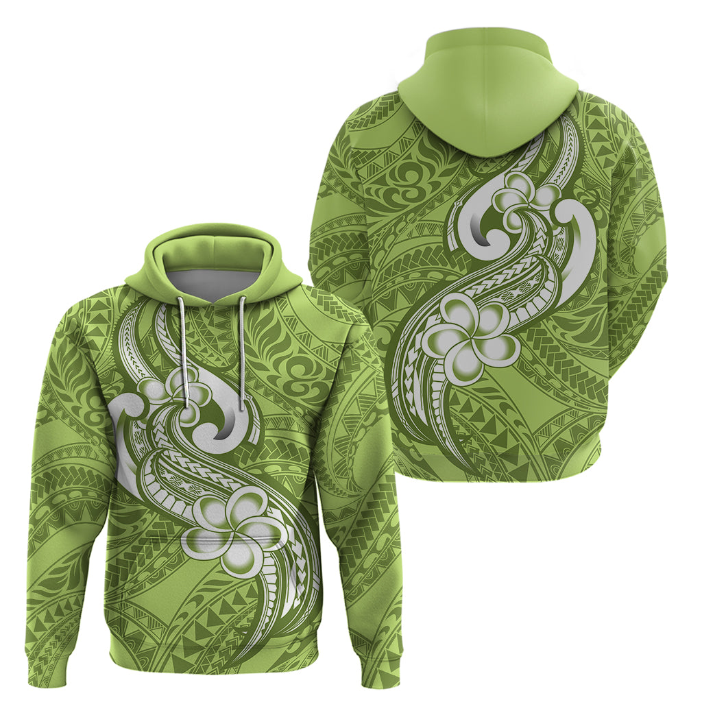 Polynesia Hoodie Plumeria With Tribal Pattern Green Pastel Vibes - Wonder Print Shop