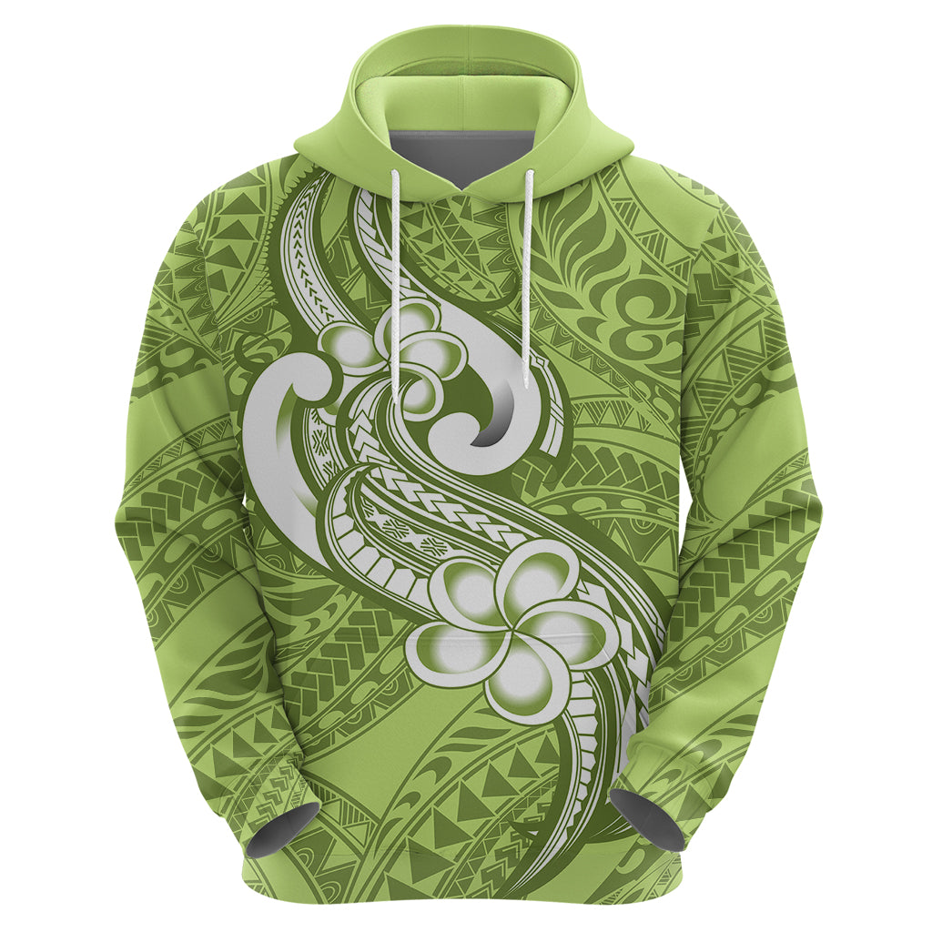 Polynesia Hoodie Plumeria With Tribal Pattern Green Pastel Vibes - Wonder Print Shop