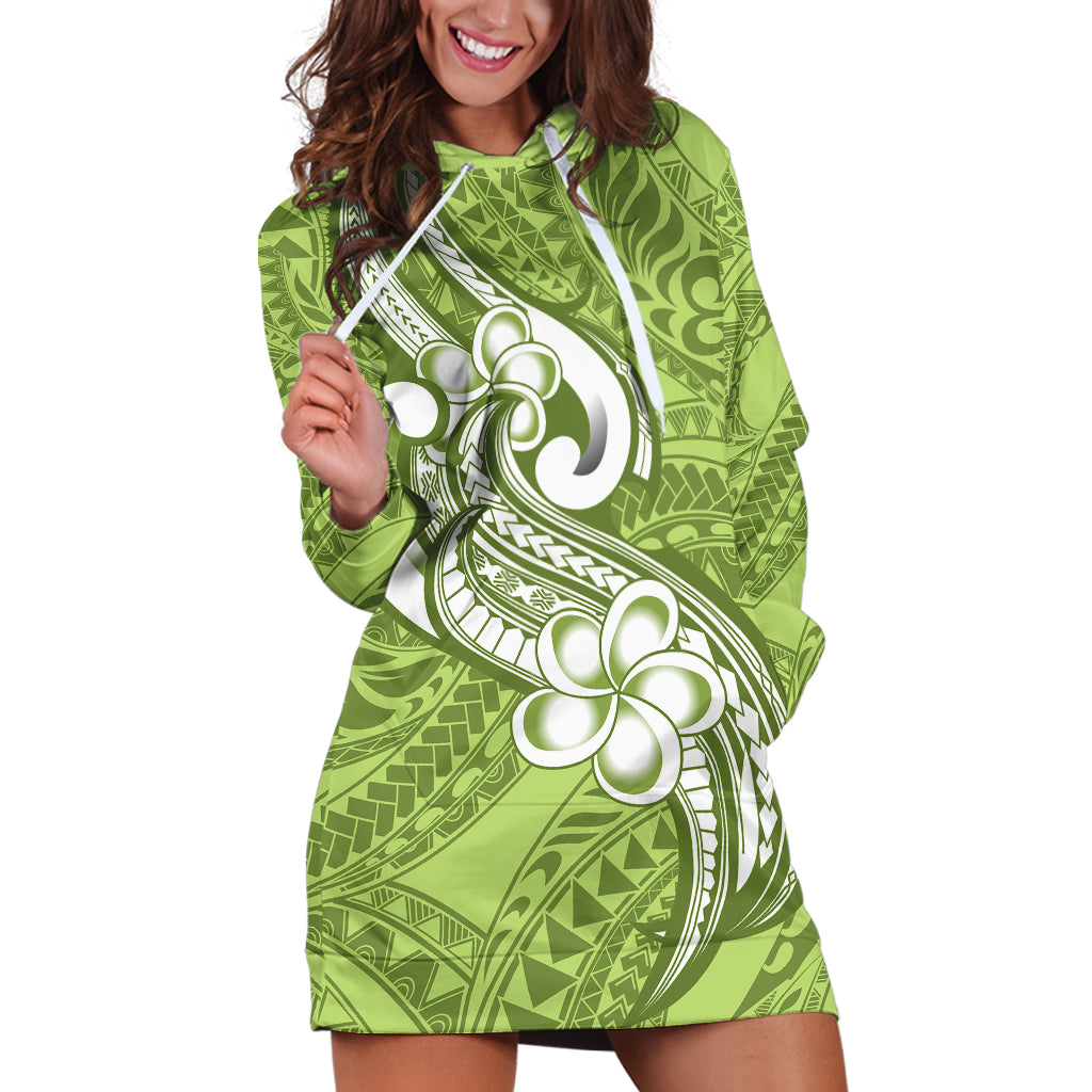 Polynesia Hoodie Dress Plumeria With Tribal Pattern Green Pastel Vibes - Wonder Print Shop