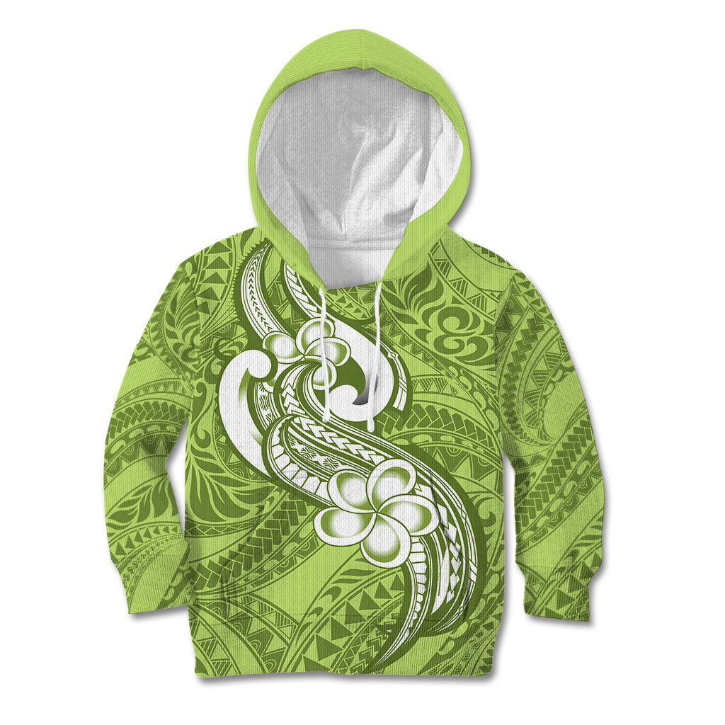 Polynesia Kid Hoodie Plumeria With Tribal Pattern Green Pastel Vibes - Wonder Print Shop