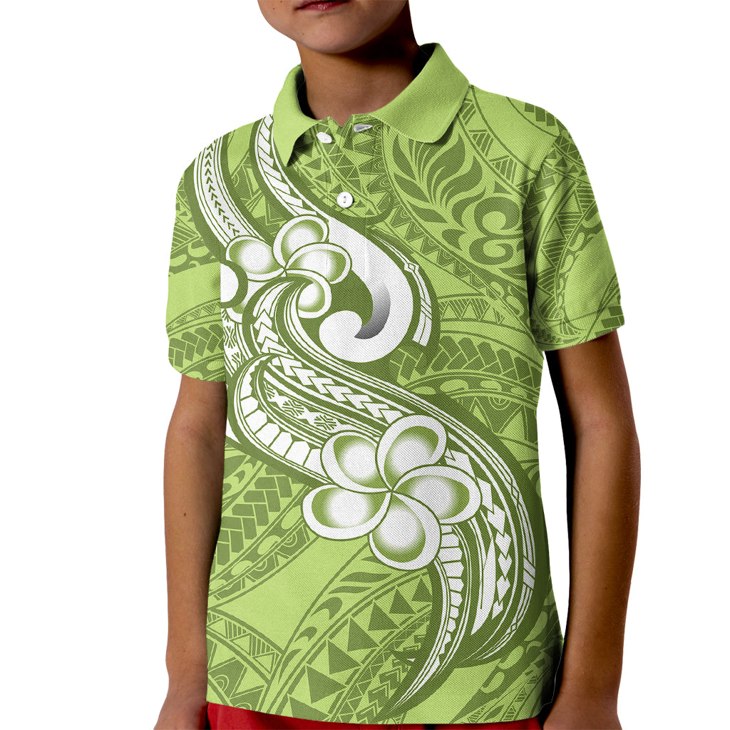 Polynesia Kid Polo Shirt Plumeria With Tribal Pattern Green Pastel Vibes - Wonder Print Shop