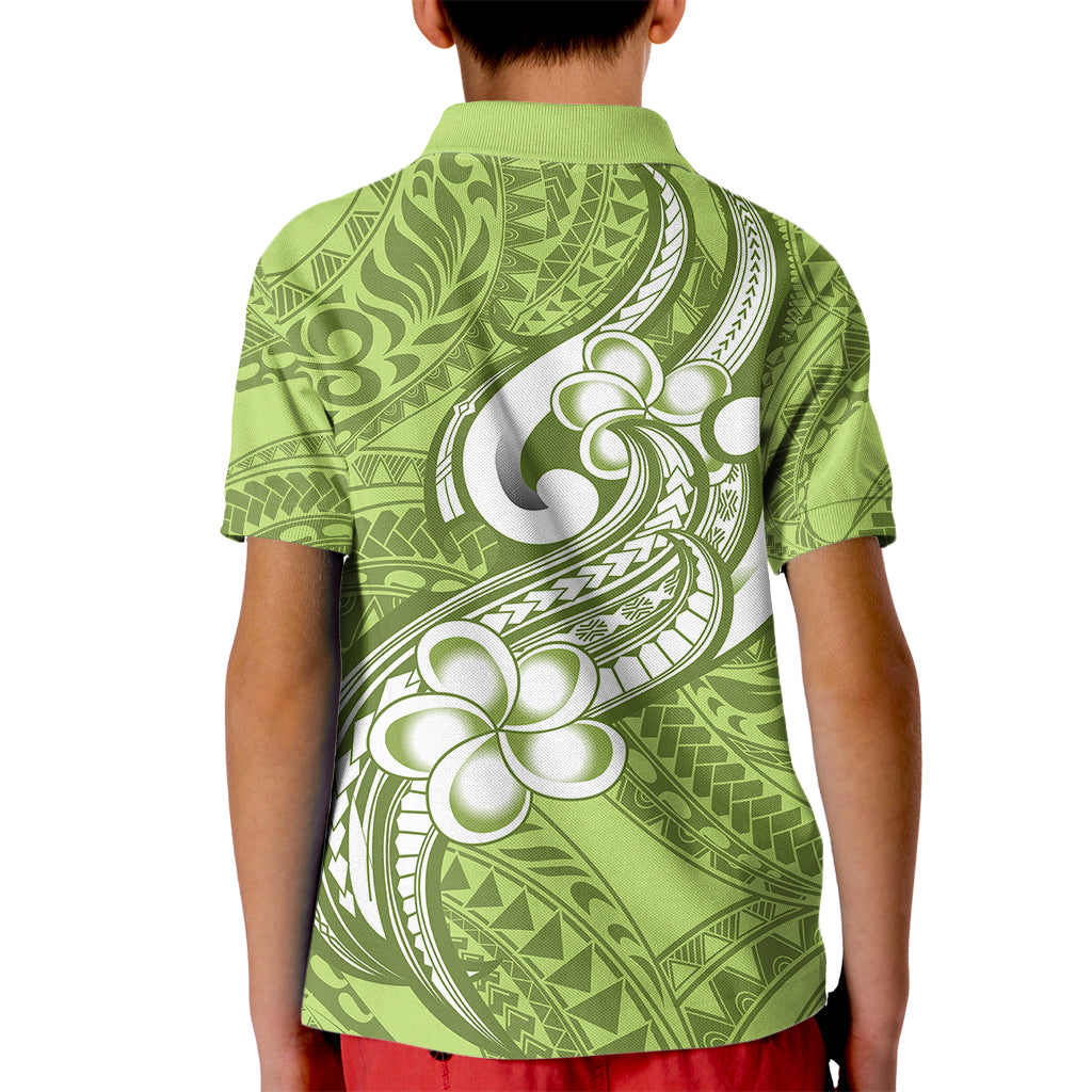 Polynesia Kid Polo Shirt Plumeria With Tribal Pattern Green Pastel Vibes - Wonder Print Shop