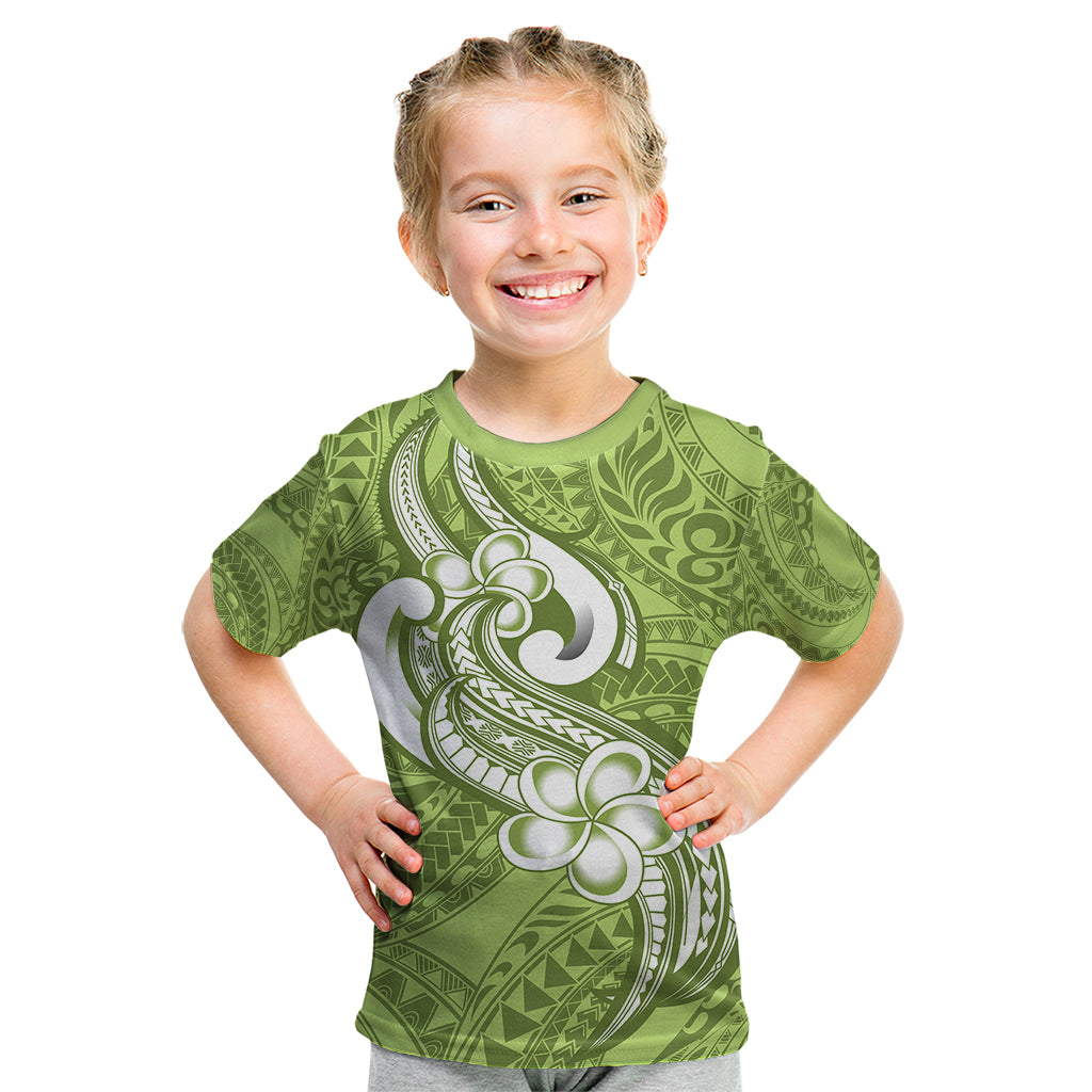 Polynesia Kid T Shirt Plumeria With Tribal Pattern Green Pastel Vibes - Wonder Print Shop