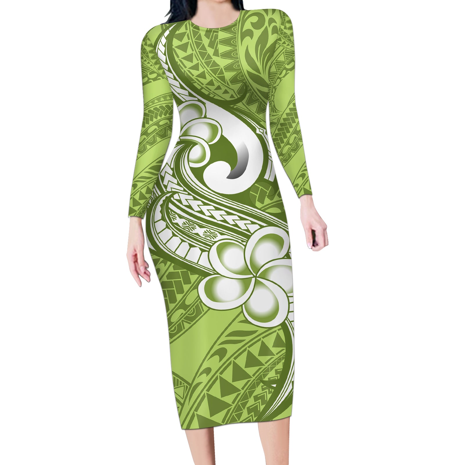Polynesia Long Sleeve Bodycon Dress Plumeria With Tribal Pattern Green Pastel Vibes - Wonder Print Shop