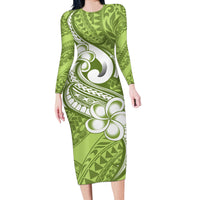 Polynesia Long Sleeve Bodycon Dress Plumeria With Tribal Pattern Green Pastel Vibes - Wonder Print Shop
