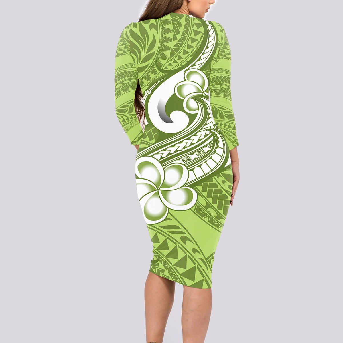Polynesia Long Sleeve Bodycon Dress Plumeria With Tribal Pattern Green Pastel Vibes - Wonder Print Shop