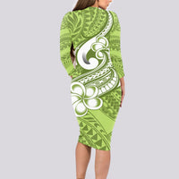 Polynesia Long Sleeve Bodycon Dress Plumeria With Tribal Pattern Green Pastel Vibes - Wonder Print Shop
