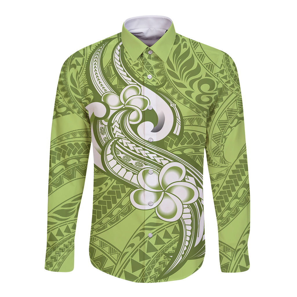 Polynesia Long Sleeve Button Shirt Plumeria With Tribal Pattern Green Pastel Vibes - Wonder Print Shop