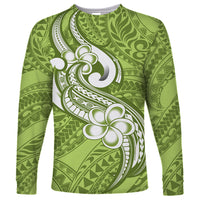 Polynesia Long Sleeve Shirt Plumeria With Tribal Pattern Green Pastel Vibes - Wonder Print Shop