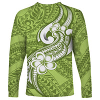 Polynesia Long Sleeve Shirt Plumeria With Tribal Pattern Green Pastel Vibes - Wonder Print Shop