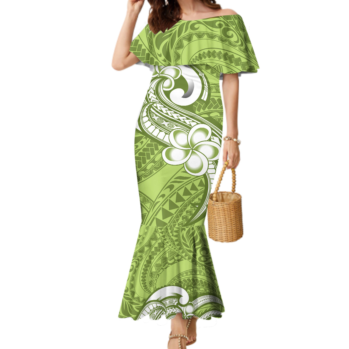 Polynesia Mermaid Dress Plumeria With Tribal Pattern Green Pastel Vibes - Wonder Print Shop