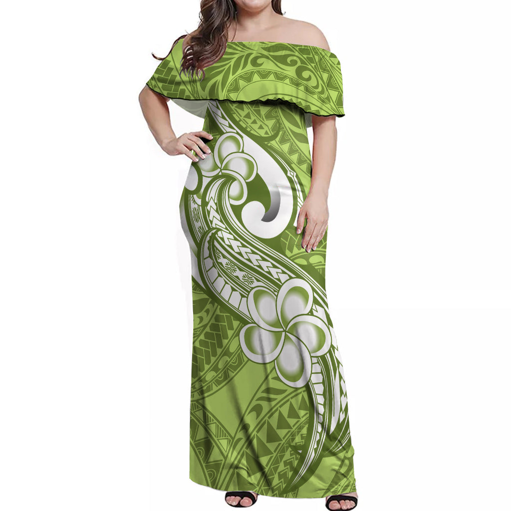 Polynesia Off Shoulder Maxi Dress Plumeria With Tribal Pattern Green Pastel Vibes - Wonder Print Shop