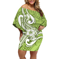 Polynesia Off Shoulder Short Dress Plumeria With Tribal Pattern Green Pastel Vibes - Wonder Print Shop
